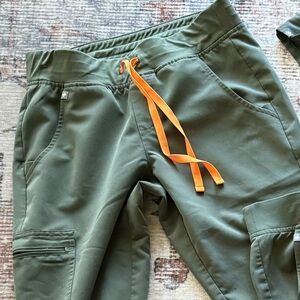 Figs Olive Green Pants with Bright Orange Drawstring